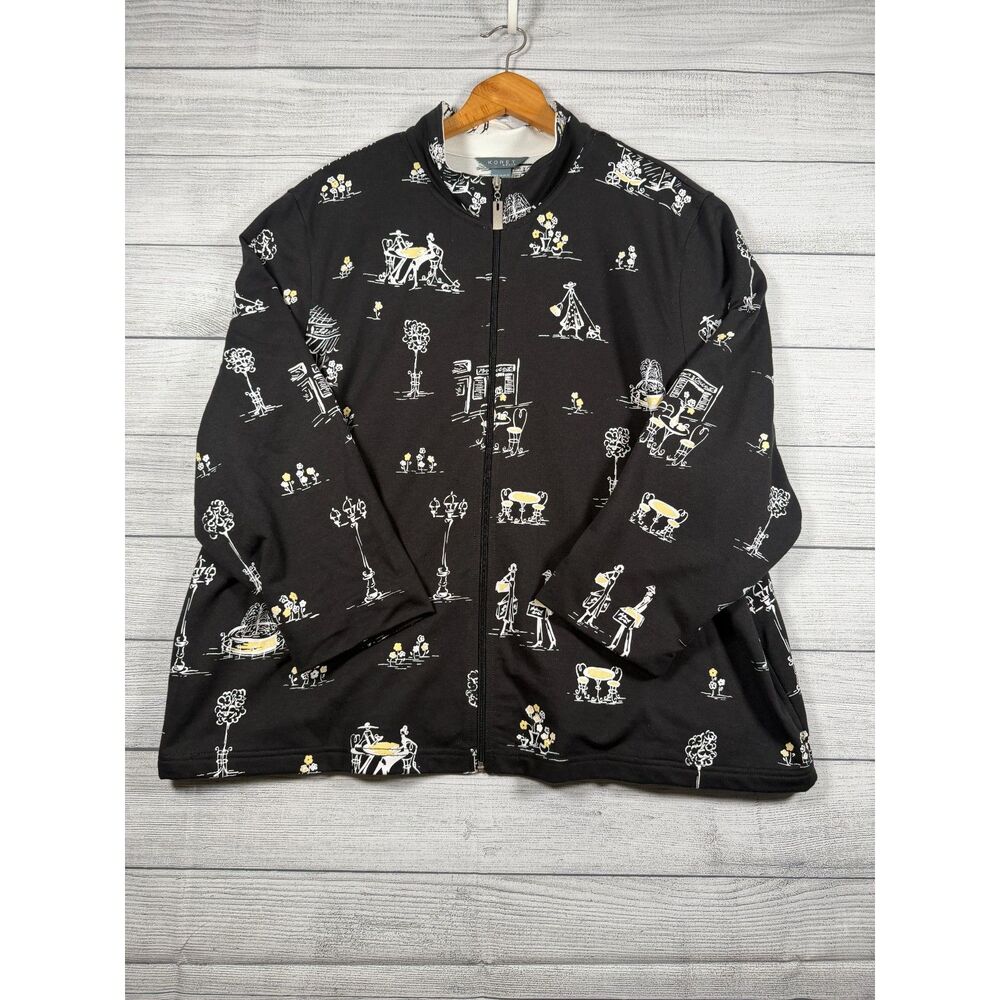 Koret Woman 2X Black French Paris Novelty Print Full Zip Jacket 4071